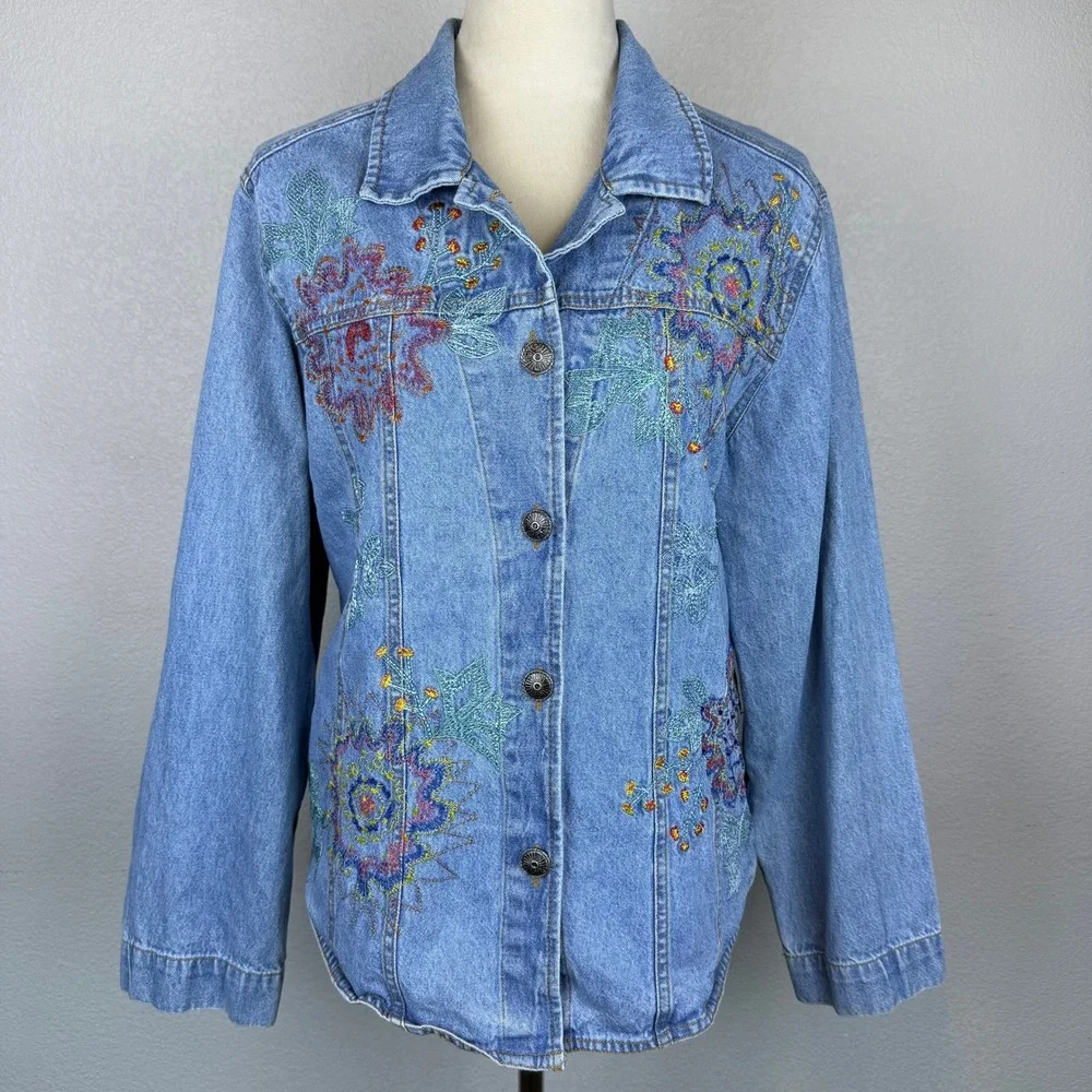 Vintage 90s White Stag Denim Beaded Jacket Embroidered Floral Button Up Large - Picture 1 of 10